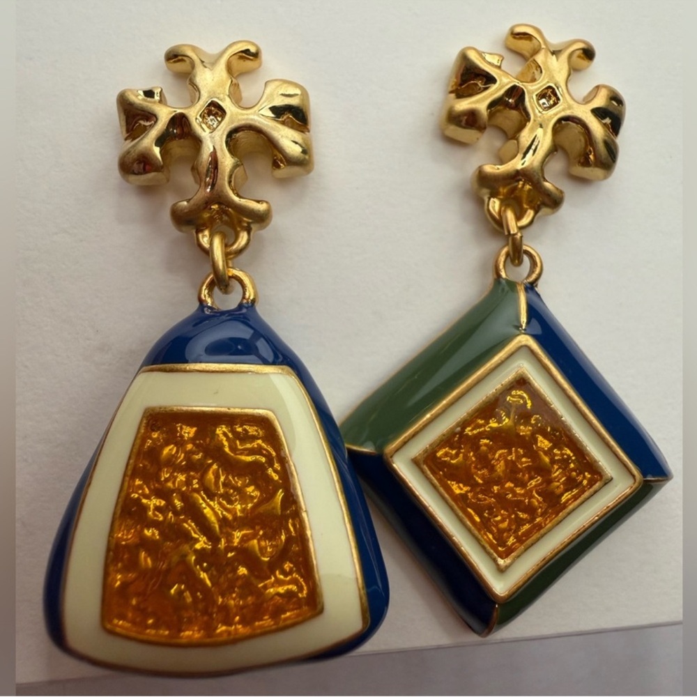 Tory Burch Gold Roxanne & Enamel multi color Geometric Mismatched drop  Earrings